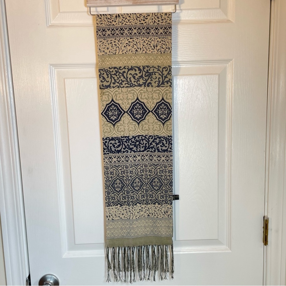 Vintage Italian Silk Shawl Wrap Geometric Tile Pattern Blue Cream Tassel Fringe
